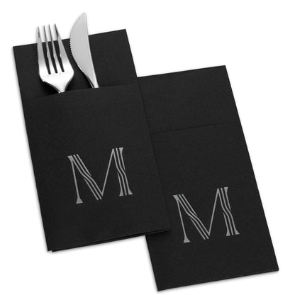 Disposable Linen-Feel Black Napkins With Pocket For Flatware | Silver Foil Stamp Monogram, Airlaid Paper, 16"x16", 50-Pack - Naptec Paper - BloominGoods
