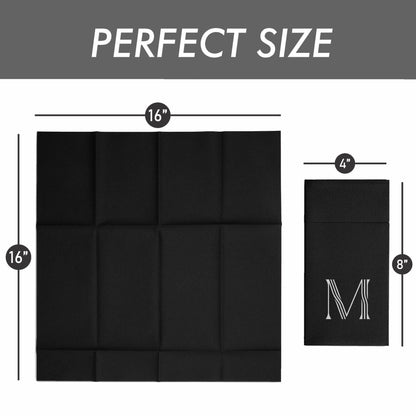 Disposable Linen-Feel Black Napkins With Pocket For Flatware | Silver Foil Stamp Monogram, Airlaid Paper, 16"x16", 50-Pack - Naptec Paper - BloominGoods