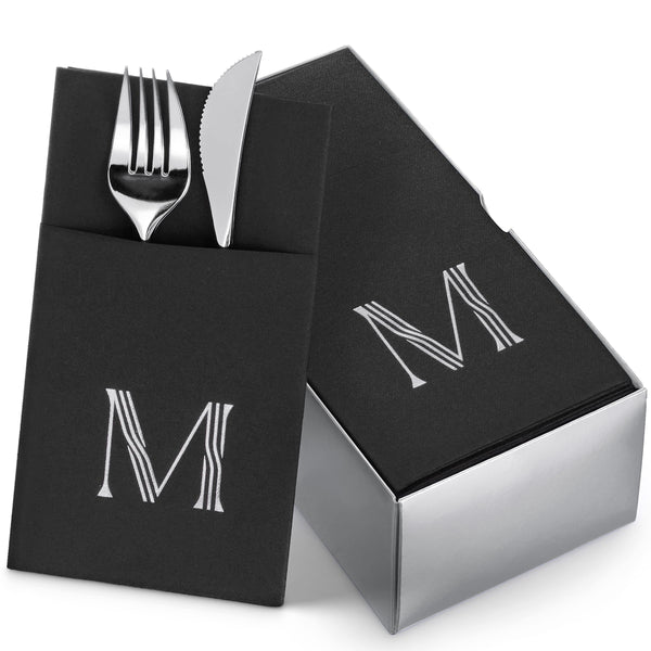 BG-TOLM-PN-BSS-M/50, M monogram in gold foil on black airlaid dinner napkin with pocket