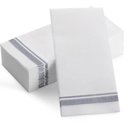 Disposable Linen-Feel Decorative Guest Towels | Silver Double-Line Design | Airlaid Paper, 12"x17"