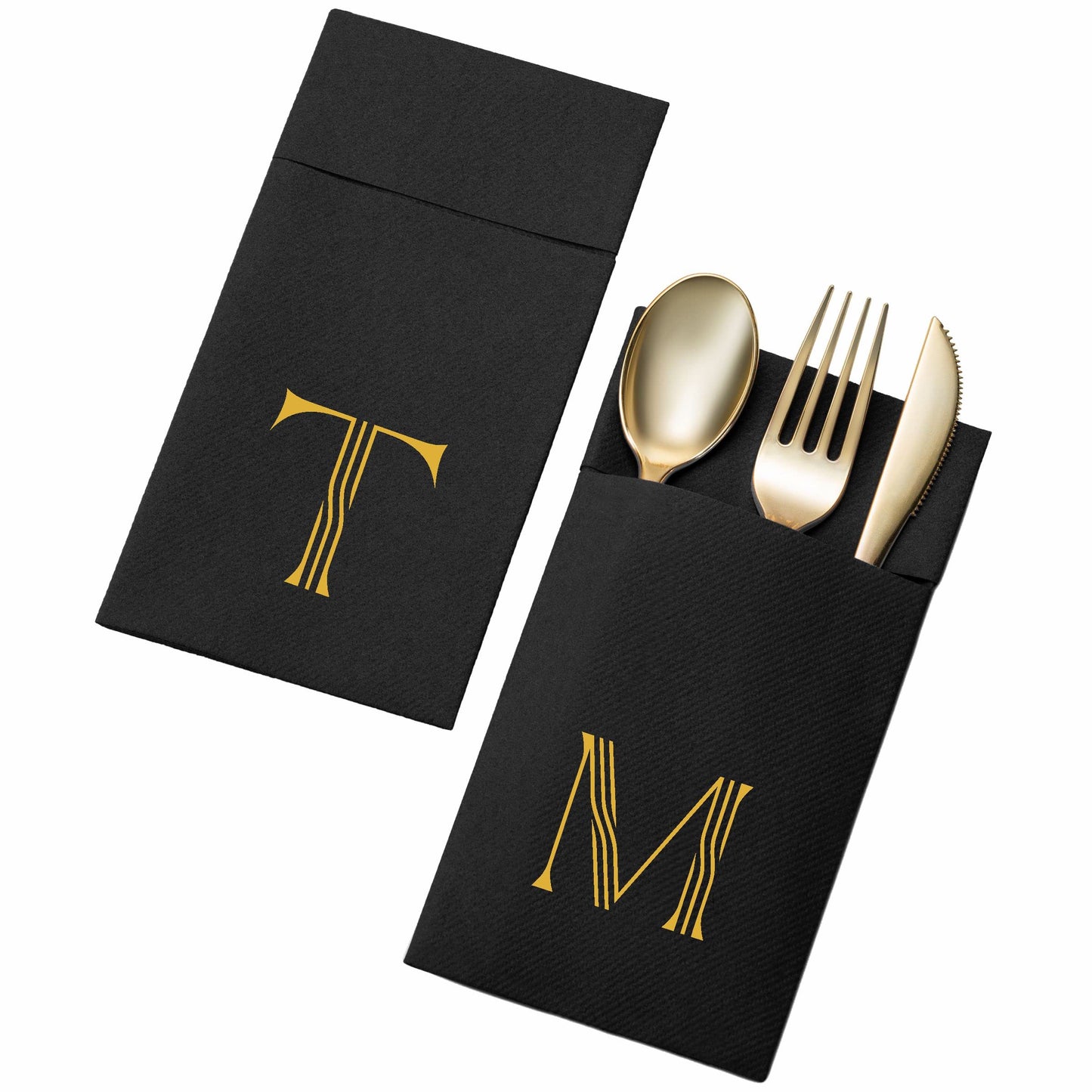 Disposable Linen-Feel Black Guest Towel Napkins | Gold Foil Stamp Monogram, Airlaid Paper, 12"x17", 50-Pack