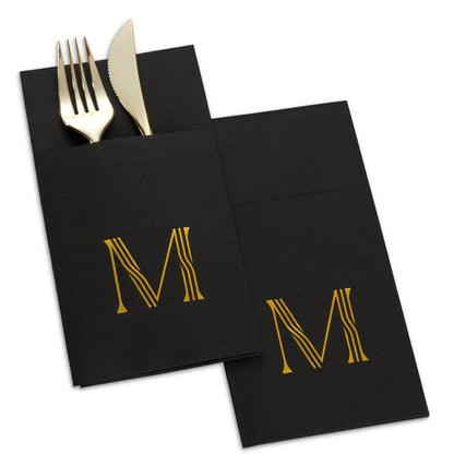 Disposable Linen-Feel Black Napkins With Pocket For Flatware | Gold Foil Stamp Monogram, Airlaid Paper, 16"x16", 50-Pack