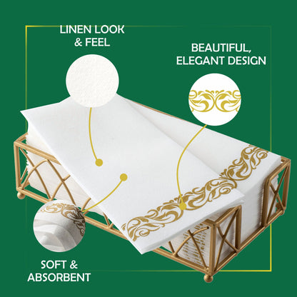 Disposable Linen-Feel Decorative Guest Towels | Gold Floral Design | Airlaid Paper, 12"x17"