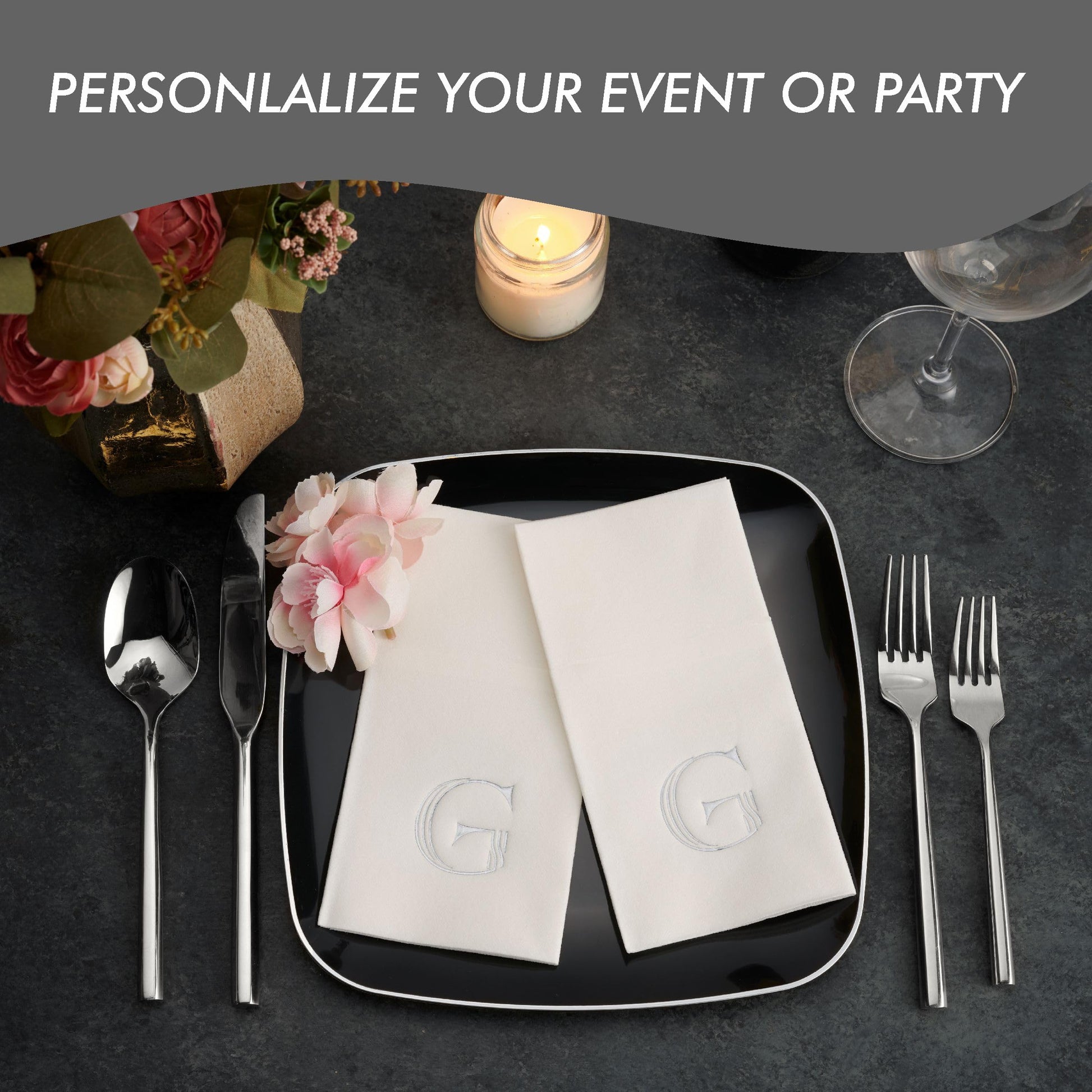 Disposable Linen-Feel White Guest Towel Napkins | Silver Foil Stamp Monogram, Airlaid Paper, 12"x17", 50-Pack - Naptec Paper - BloominGoods