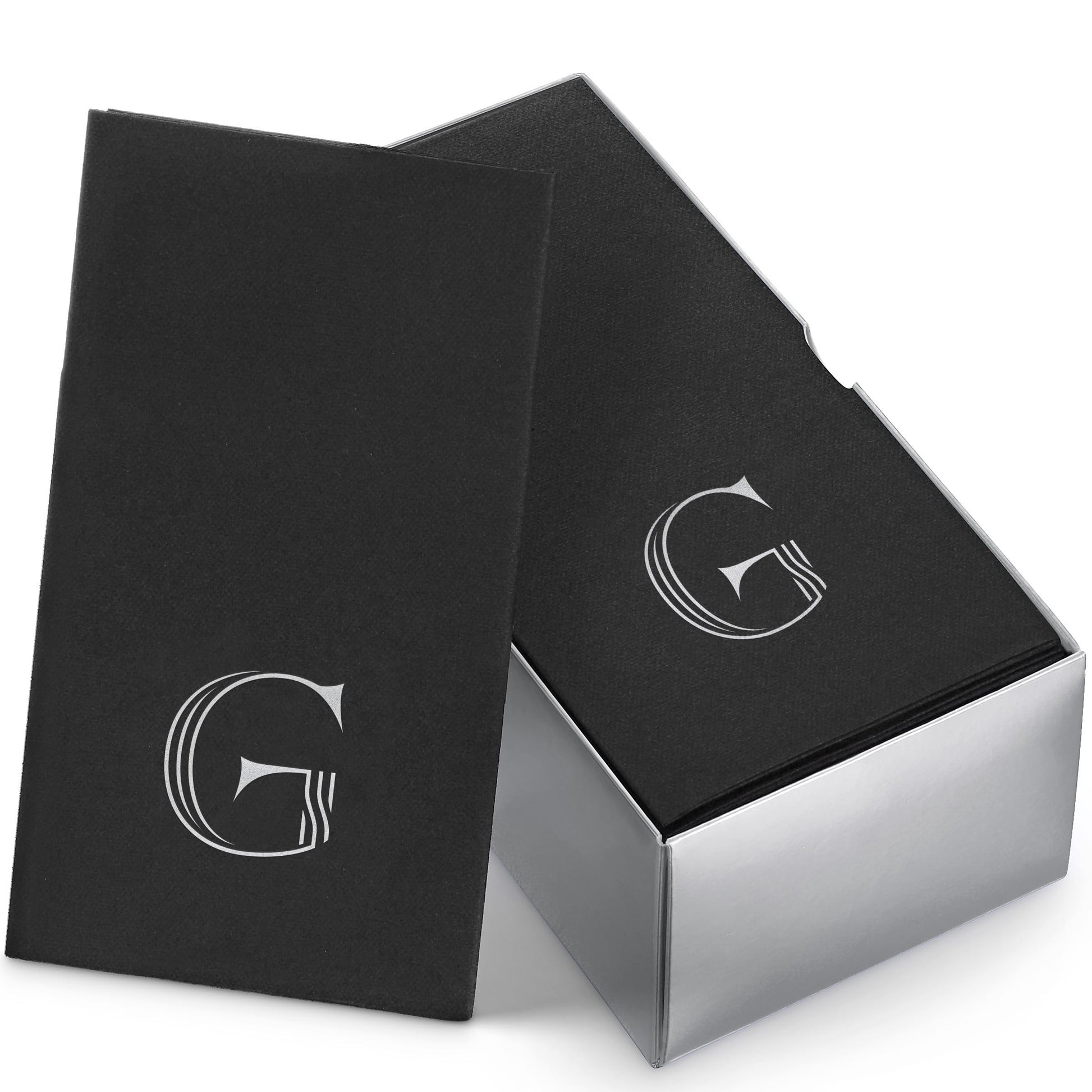 Disposable Linen-Feel Black Guest Towel Napkins | Silver Foil Stamp Monogram, Airlaid Paper, 12"x17", 50-Pack - Naptec Paper - BloominGoods