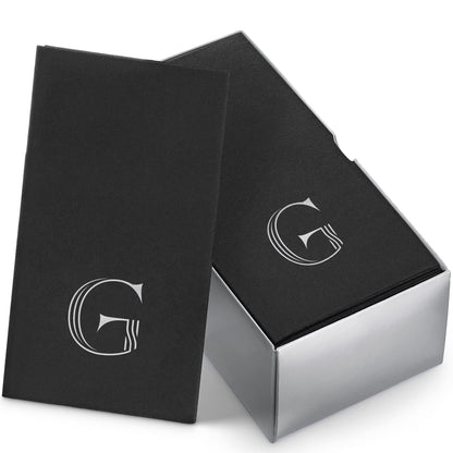 Disposable Linen-Feel Black Guest Towel Napkins | Silver Foil Stamp Monogram, Airlaid Paper, 12"x17", 50-Pack - Naptec Paper - BloominGoods