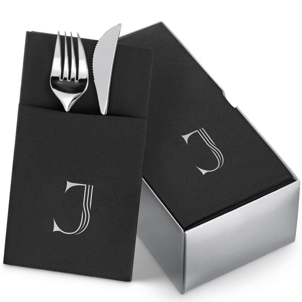 BG-TOLM-PN-BSS-J/50, J monogram in gold foil on black airlaid dinner napkin with pocket