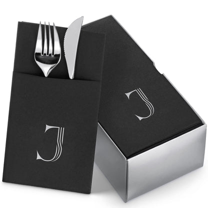 Disposable Linen-Feel Black Napkins With Pocket For Flatware | Silver Foil Stamp Monogram, Airlaid Paper, 16"x16", 50-Pack - Naptec Paper - BloominGoods