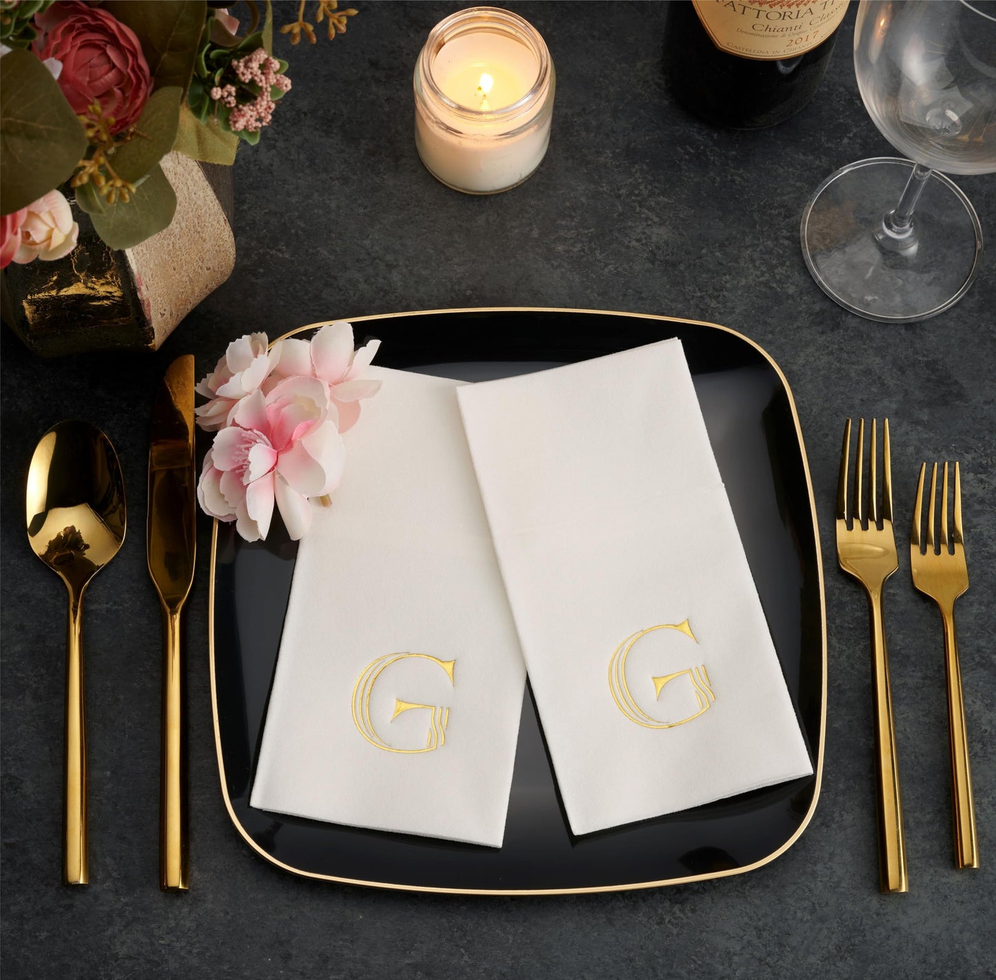 Disposable Linen-Feel White Guest Towel Napkins | Gold Foil Stamp Monogram, Airlaid Paper, 12"x17", 50-Pack