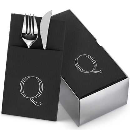 Disposable Linen-Feel Black Napkins With Pocket For Flatware | Silver Foil Stamp Monogram, Airlaid Paper, 16"x16", 50-Pack - Naptec Paper - BloominGoods