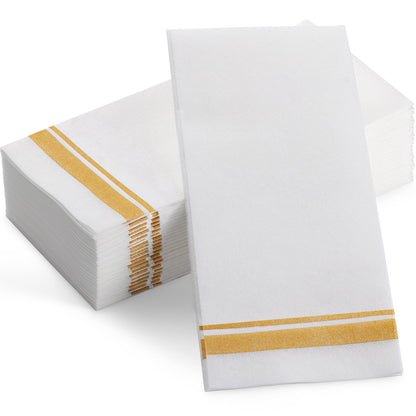 Disposable Linen-Feel Decorative Guest Towels | Gold Double-Line Design | Airlaid Paper, 12"x17"