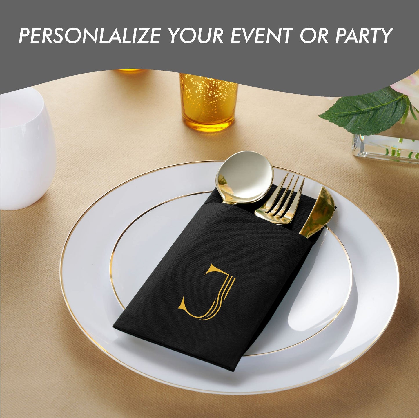 Disposable Linen-Feel Black Napkins With Pocket For Flatware | Gold Foil Stamp Monogram, Airlaid Paper, 16"x16", 50-Pack