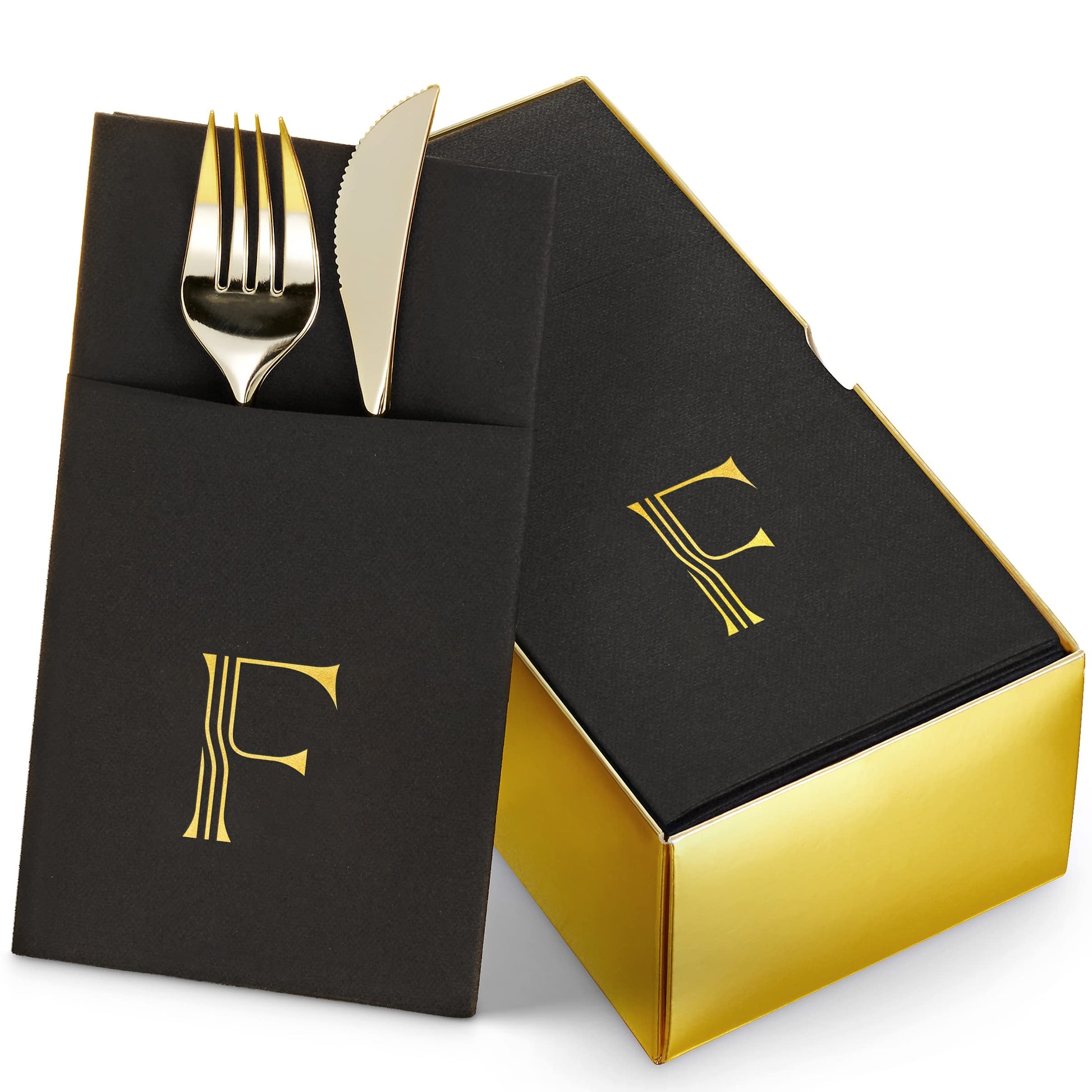 BG-TOLM-PN-BGS-F/50, F monogram in gold foil on black airlaid dinner napkin with pocket