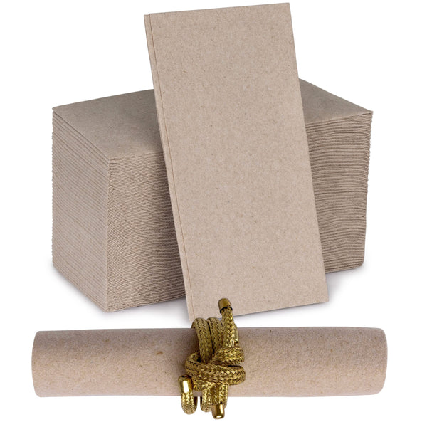 Natural cloth-like dinner napkin with gold napkin ring around the disposable napkin.
