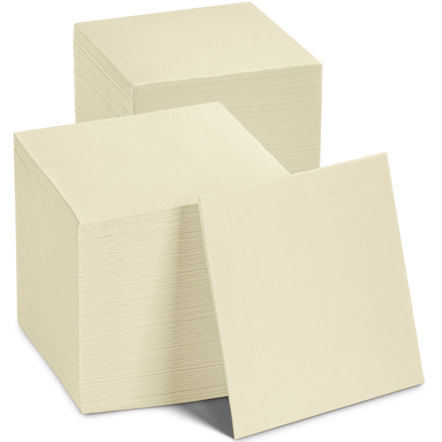 A stack of cream colored cocktail napkins from Bloomingoods. One square napkin is on display in the front so the viewer can see the face of the disposable napkin.