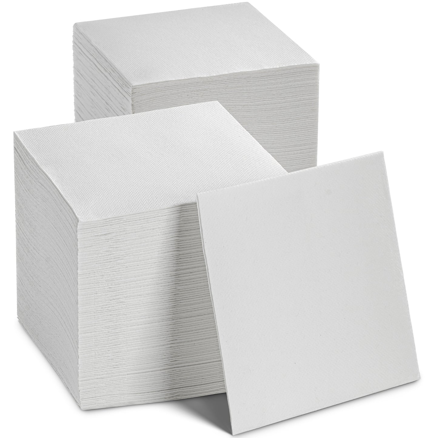 A stack of white disposable cocktail napkins from Bloomingoods. One square napkin is on display in the front so the viewer can see the face of the single use napkin.