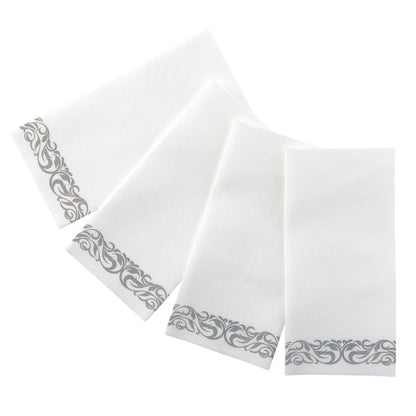 Disposable Linen-Feel Decorative Guest Towels | Silver Floral Design | Airlaid Paper, 12"x17"