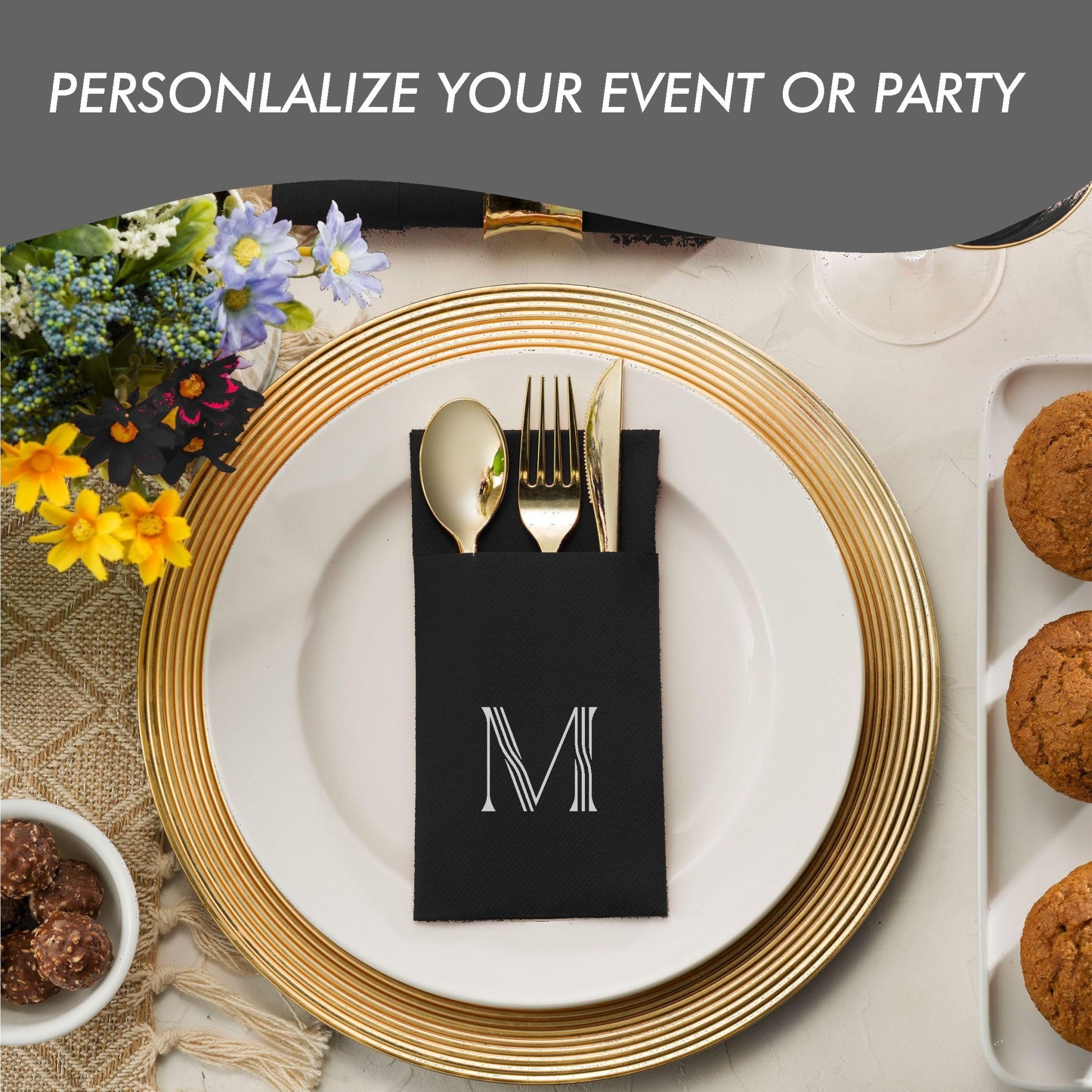Disposable Linen-Feel Black Napkins With Pocket For Flatware | Silver Foil Stamp Monogram, Airlaid Paper, 16"x16", 50-Pack - Naptec Paper - BloominGoods