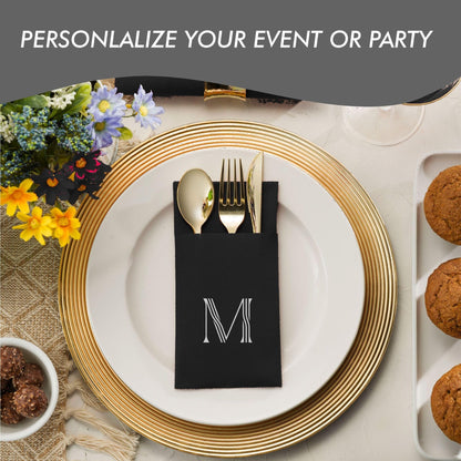 Disposable Linen-Feel Black Napkins With Pocket For Flatware | Silver Foil Stamp Monogram, Airlaid Paper, 16"x16", 50-Pack - Naptec Paper - BloominGoods