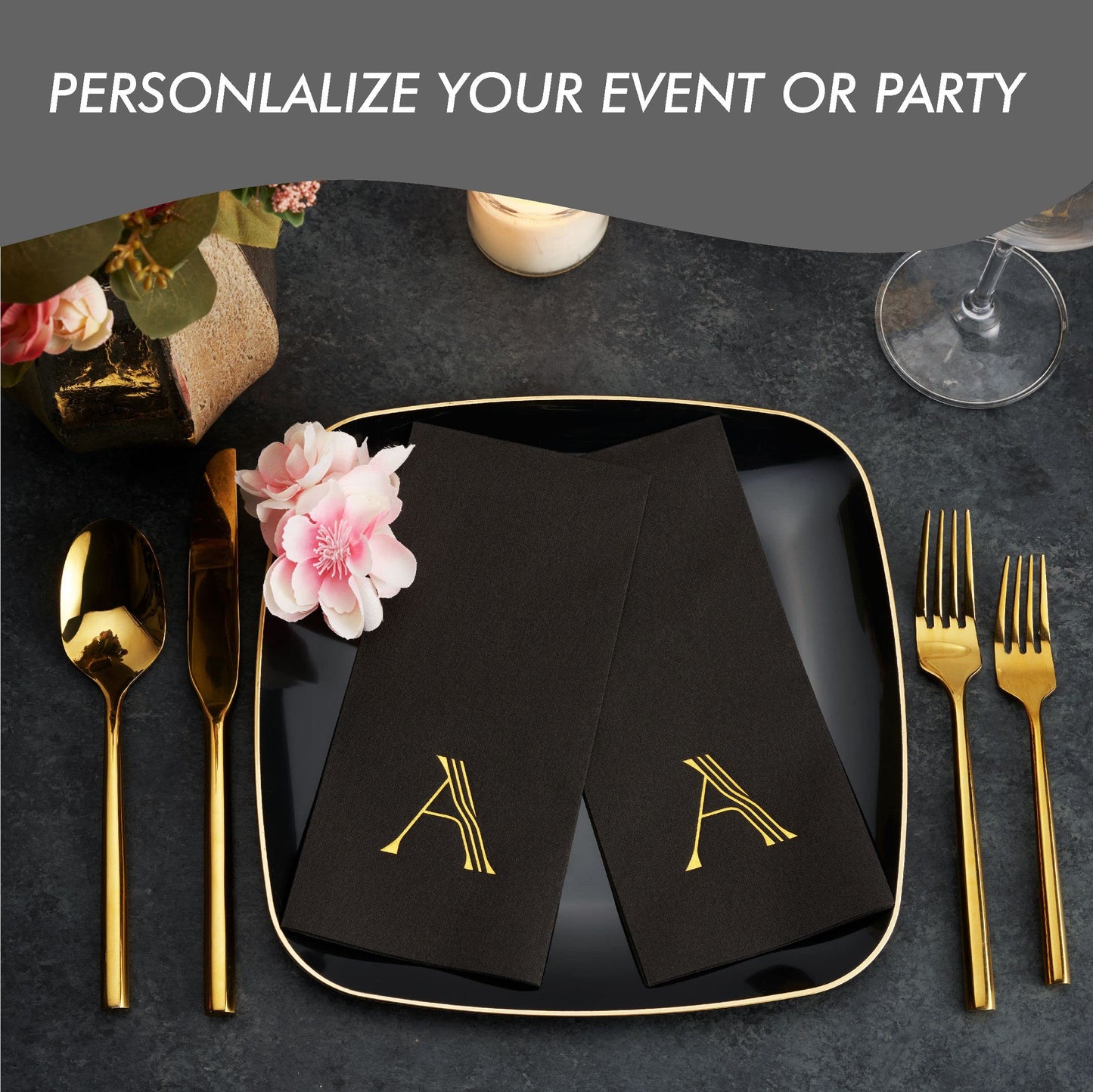 Disposable Linen-Feel Black Guest Towel Napkins | Gold Foil Stamp Monogram, Airlaid Paper, 12"x17", 50-Pack