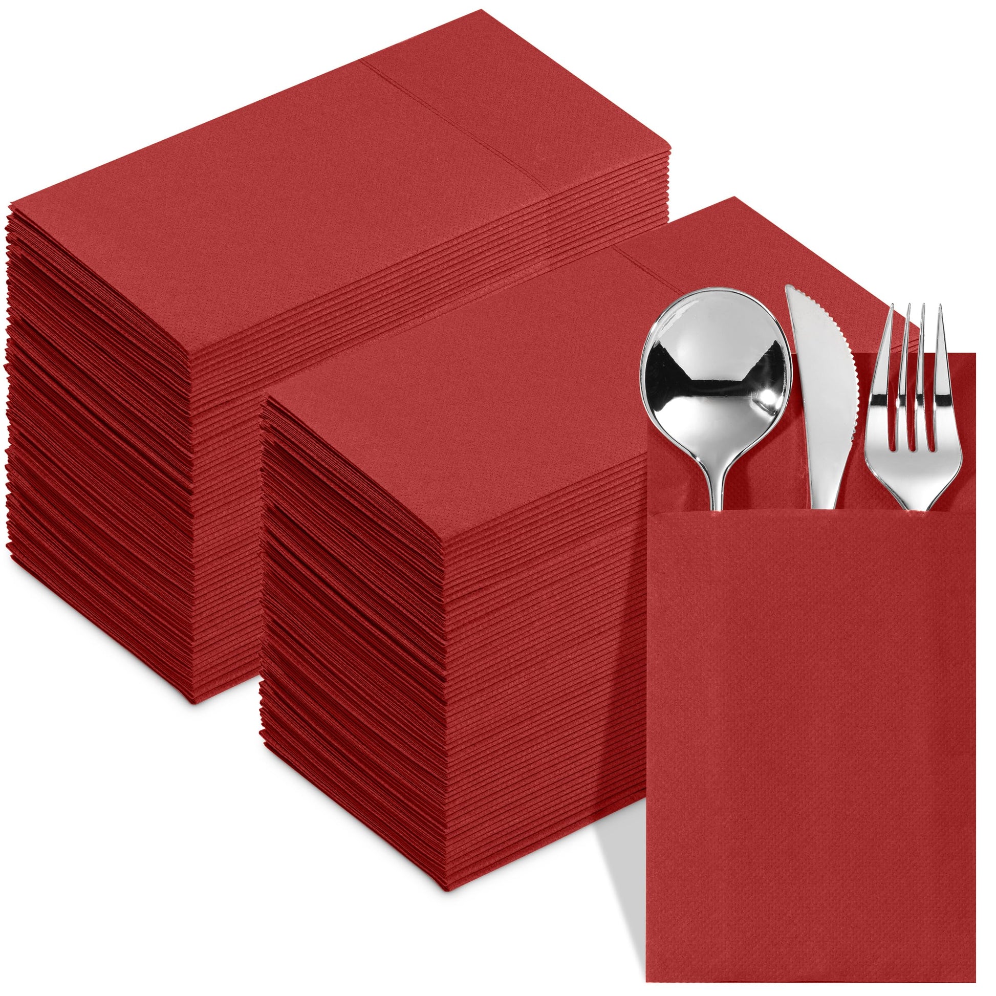 NP-PPPDN-BRGD-100, Red Elegant 15x15 dinner napkin with built-in flatware pocket design