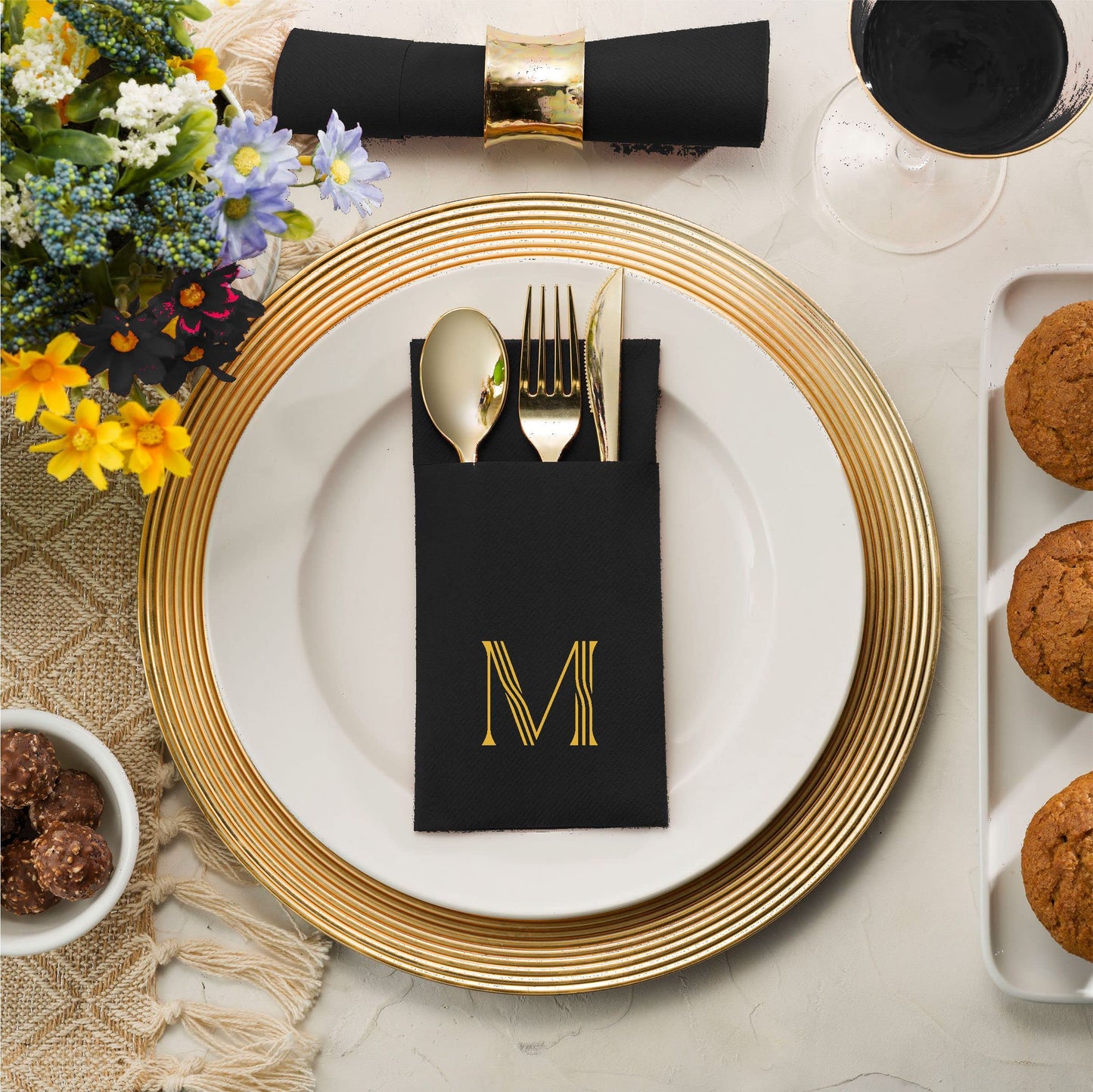 Disposable Linen-Feel Black Napkins With Pocket For Flatware | Gold Foil Stamp Monogram, Airlaid Paper, 16"x16", 50-Pack