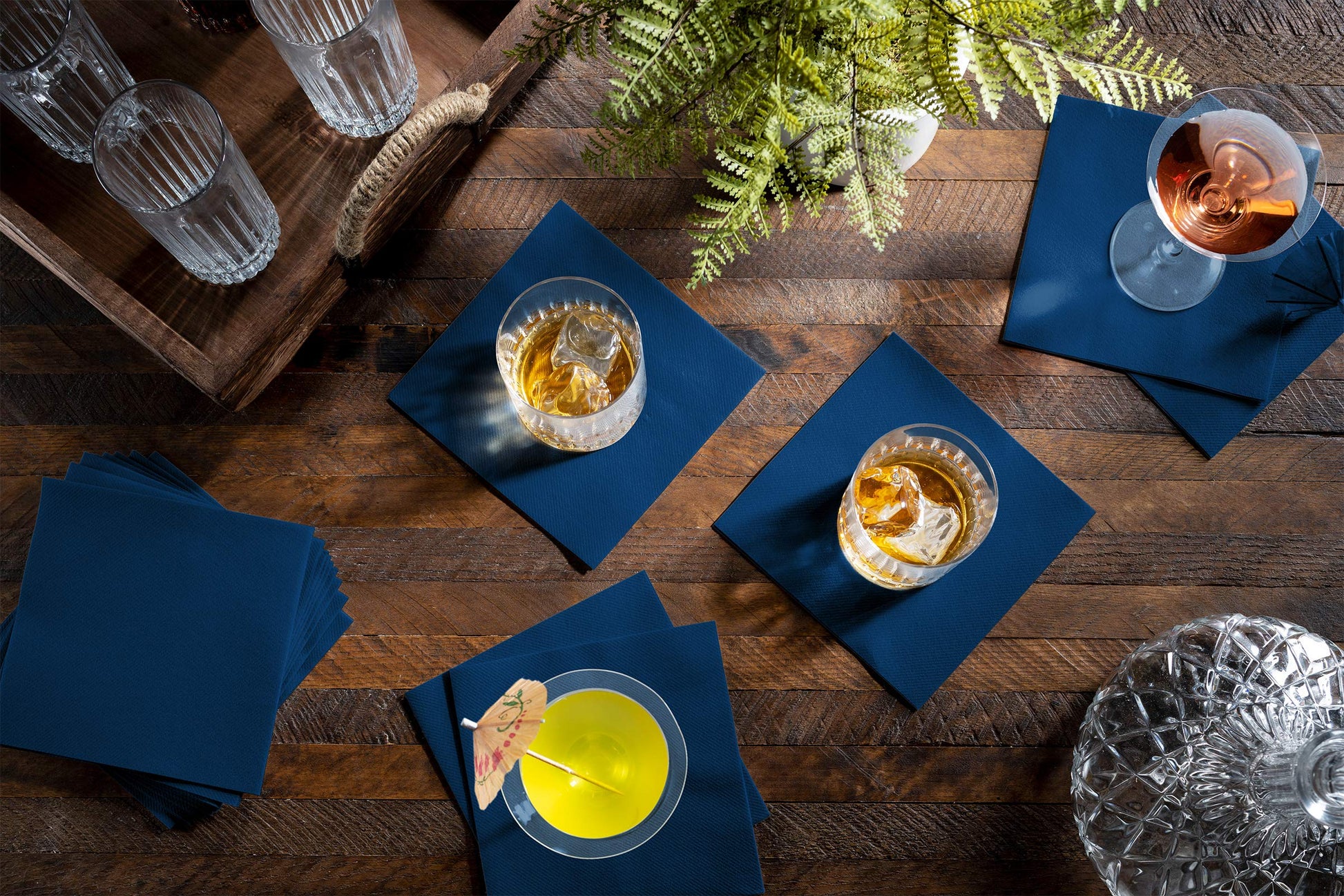 BG-CCN-DBLU/100, Disposable blue cocktail napkin under glass for formal use
