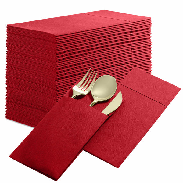 BG-CPDN-FRED/50, BG-CPDN-FRED/500, BG-CPDN-BRED/50, BG-CPDN-BRED/500, Burgundy BloominGoods 16x16 pocket dinner napkin with cutlery placed inside fold
