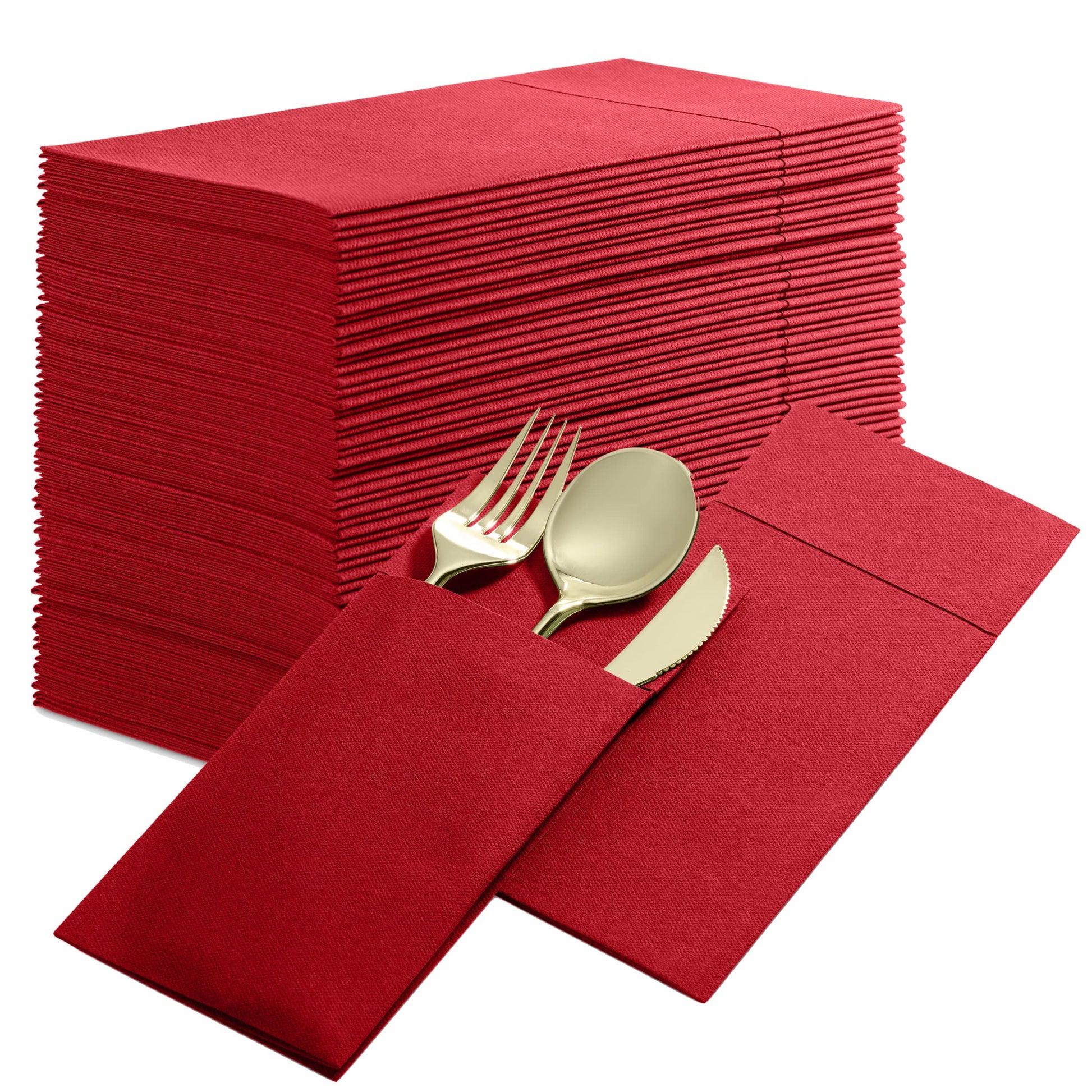 BG-CPDN-FRED/50, BG-CPDN-FRED/500, BG-CPDN-BRED/50, BG-CPDN-BRED/500, Burgundy BloominGoods 16x16 pocket dinner napkin with cutlery placed inside fold
