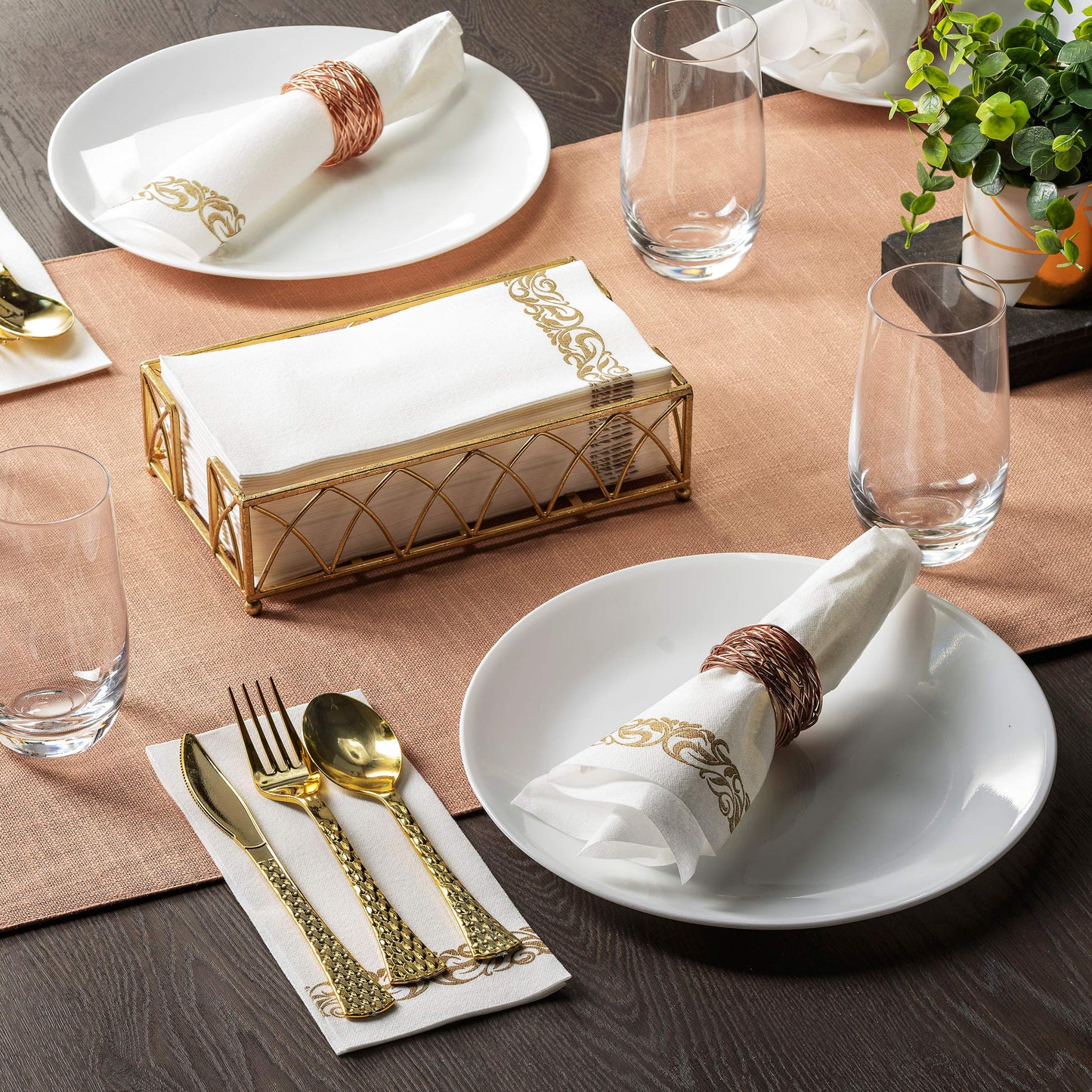 Disposable Linen-Feel Decorative Guest Towels | Gold Floral Design | Airlaid Paper, 12"x17"