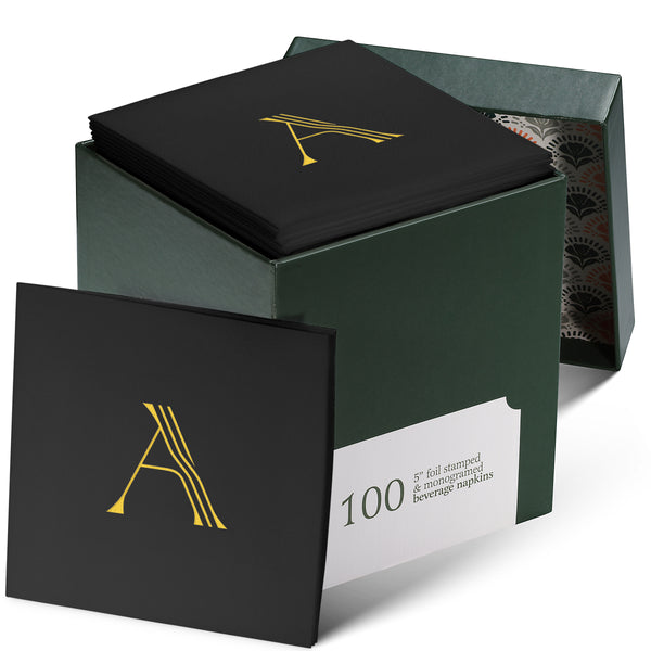 Disposable Linen-Feel Black Cocktail Napkins Napkins | Gold Foil Stamp Monogram, Airlaid Paper, 10"x10", 100-Pack