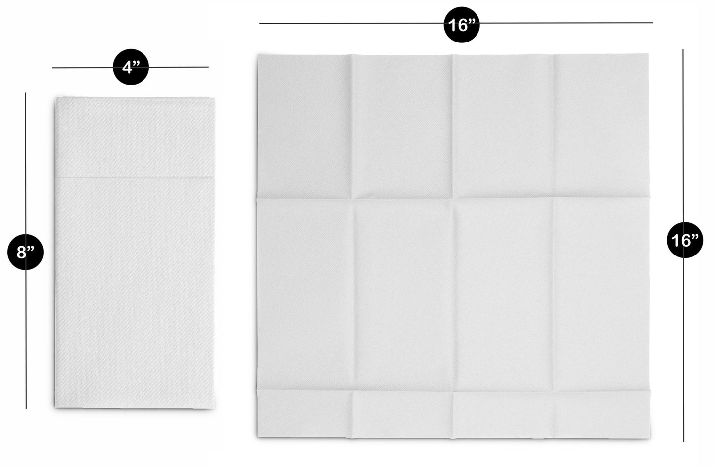 This image shows the dimensions of Naptec white guest towels. They are 4" across and 8" long folded, and 16" square when unfolded.