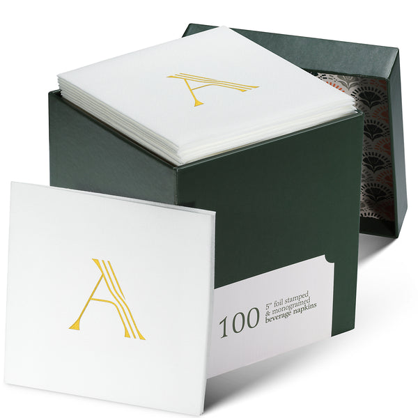 Disposable Linen-Feel White Cocktail Napkins Napkins | Gold Foil Stamp Monogram, Airlaid Paper, 10"x10", 100-Pack