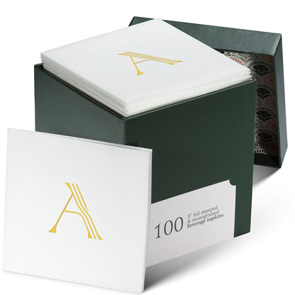 Disposable Linen-Feel White Cocktail Napkins Napkins | Gold Foil Stamp Monogram, Airlaid Paper, 10"x10", 100-Pack - Naptec Paper - BloominGoods