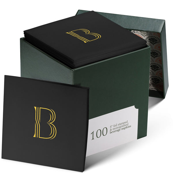 Disposable Linen-Feel Black Cocktail Napkins Napkins | Gold Foil Stamp Monogram, Airlaid Paper, 10"x10", 100-Pack - Naptec Paper - BloominGoods