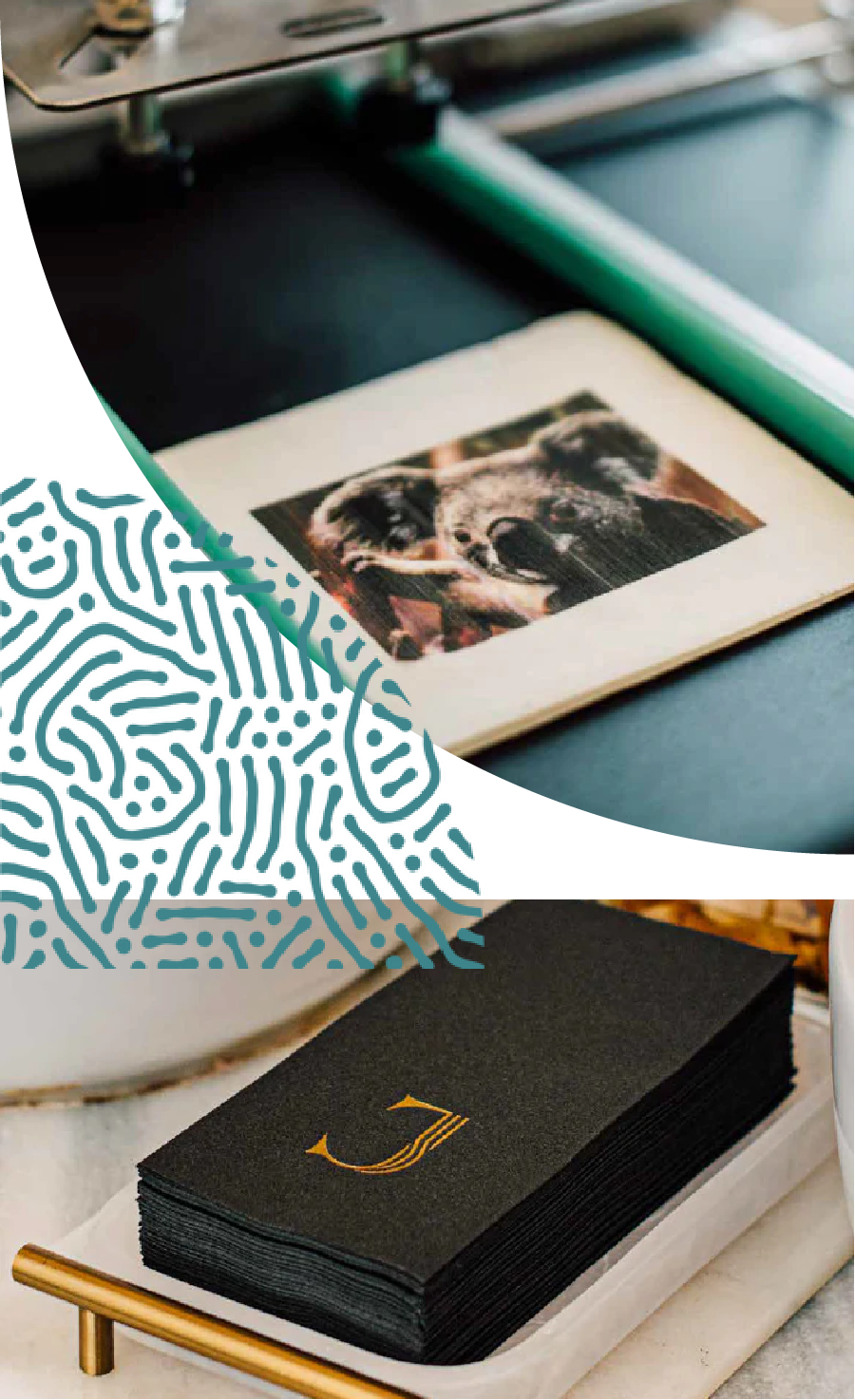 Collage of a photo of a dog and a stack of black business cards with a gold logo.