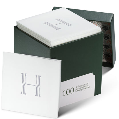 Disposable Linen-Feel White Cocktail Napkins Napkins | Silver Foil Stamp Monogram, Airlaid Paper, 10"x10", 100-Pack