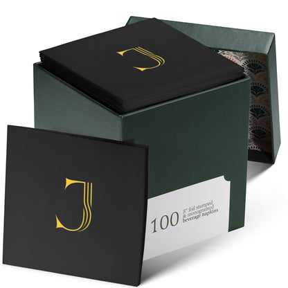 Disposable Linen-Feel Black Cocktail Napkins Napkins | Gold Foil Stamp Monogram, Airlaid Paper, 10"x10", 100-Pack