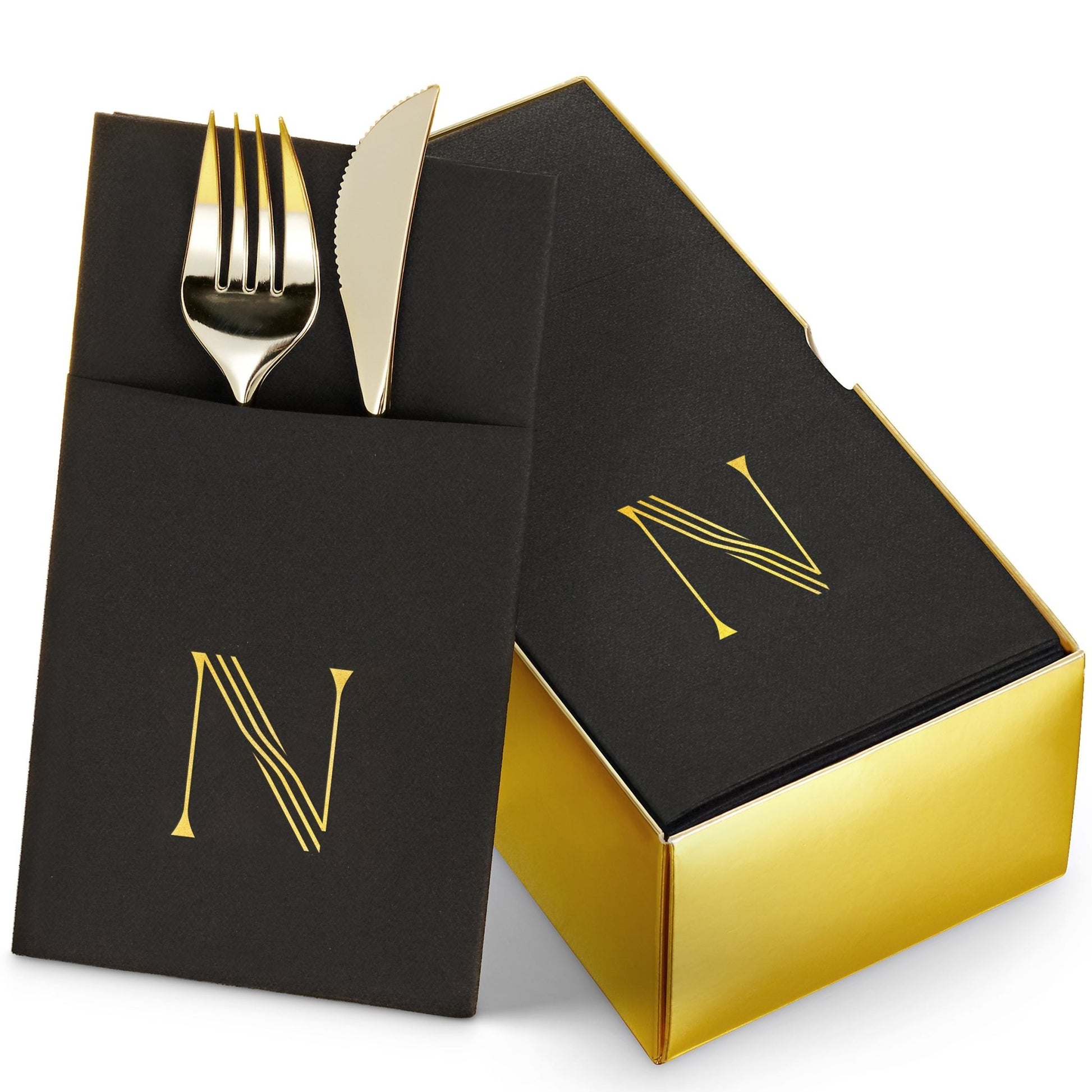 Disposable Linen-Feel Black Napkins With Pocket For Flatware | Gold Foil Stamp Monogram, Airlaid Paper, 16"x16", 50-Pack - Naptec Paper - BloominGoods