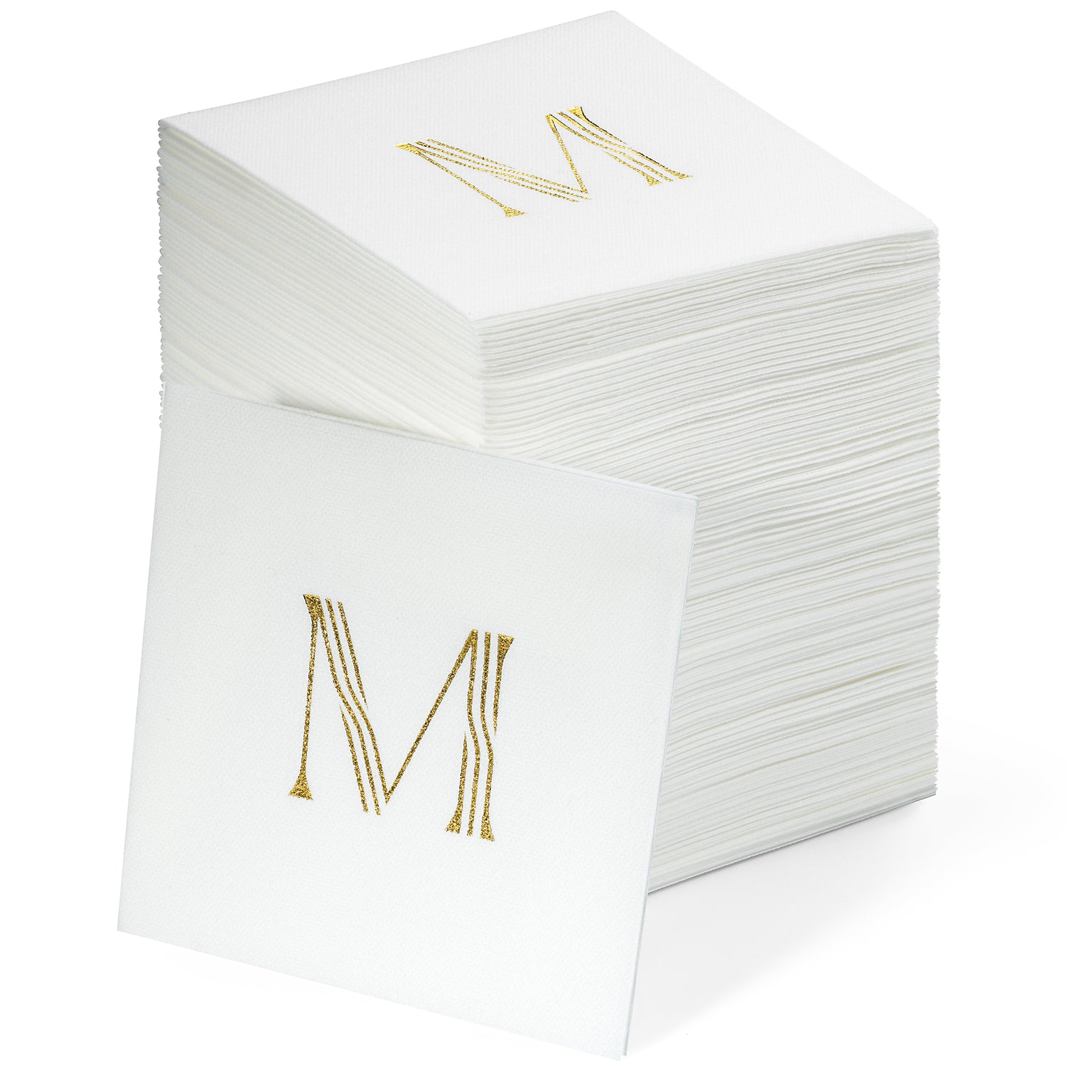A stack of white paper napkins, with one napkin in front showing a metallic gold foil monogram letter 'M' on a clean white background.