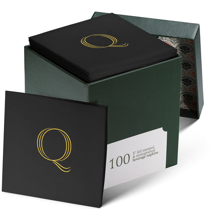 Disposable Linen-Feel Black Cocktail Napkins Napkins | Gold Foil Stamp Monogram, Airlaid Paper, 10"x10", 100-Pack